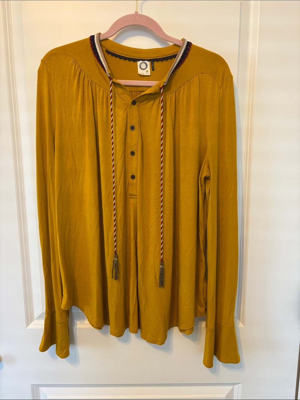 Anthropologie Akemi + Kin Mustard Long-Sleeve Tie-Neck Women’s Top - size M